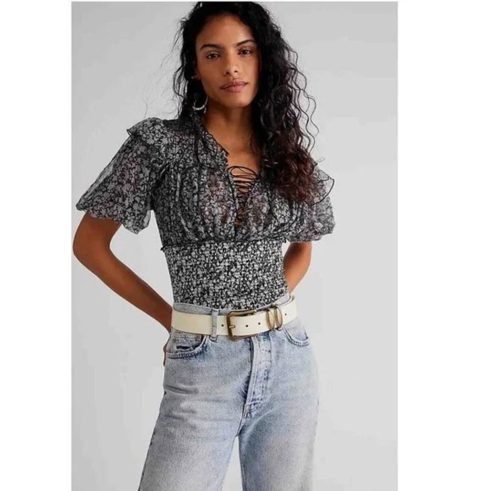 Free People Beatrice Top Black Combo NWT Size X-Small